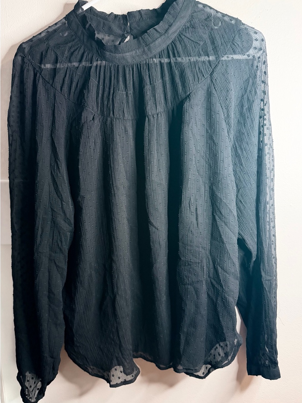 LOFT Black Swiss Dot Ruffle High Neck Blouse XL Sheer Long Sleeve Lined